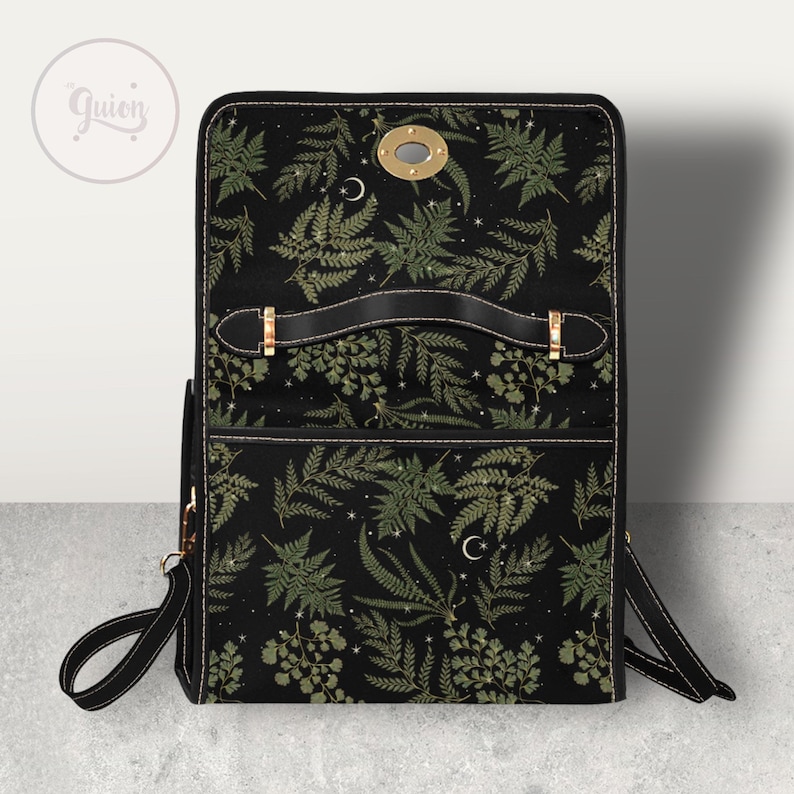 Boho Fern forest Black Canvas Satchel bag, Green crossbody Moon purse, Cute Vegan leather strap Dark Cottagecore adjustable strap handbag imagem 6