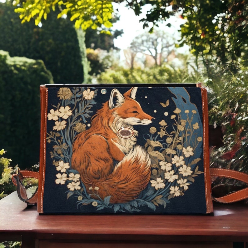 Retro Fox in the Forest Canvas Satchel bag, Cottagecore forestcore crossbody purse, cute vegan leather strap goth bag, hippies boho gift zdjęcie 8