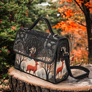 Sac cartable en toile Retro Deer in the Forest, sac à main à bandoulière Cottagecore forestcore, joli sac goth avec sangle en cuir végétalien, cadeau bohème hippies
