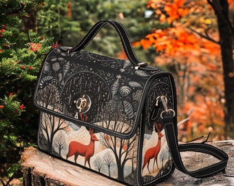 Retro Deer in the Forest Canvas Satchel bag, Cottagecore forestcore crossbody purse, cute vegan leather strap goth bag, hippies boho gift