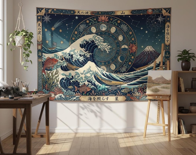 Astrological Japanese Wave Tapestry, Boho Tapestry, Japanese Celestial Wall Tapestry, Boho Hippies Gift, Cottagecore Witch Tapestry