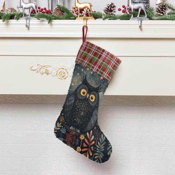 Dark Magic Owl Goblincore Sequin Stocking, Perfect for stuffing Santa's Gifts, Fireplace hang, Christmas gift decor, Magic Holliday stuffer