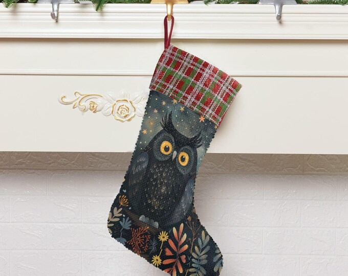 Dark Magic Owl Goblincore Sequin Stocking, Perfect for stuffing Santa's Gifts, Fireplace hang, Christmas gift decor, Magic Holliday stuffer