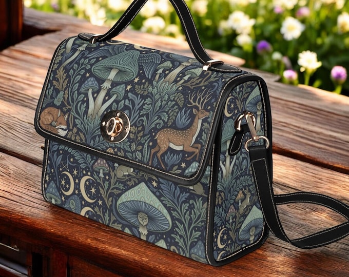 Woodland Animals Fox Deer, Enchanted Forest Canvas Satchel, Vegan Leather Cottagecore Botanical Bag, Goblincore Handbag, Boho Hippies Gift