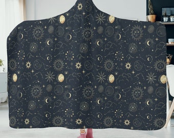 Celestial Moon Phase Witchy Hooded Blanket, Astrology cloak blanket, Boho Camping blanket, Cozy flannel Sherpa hooded blanket Cottagecore