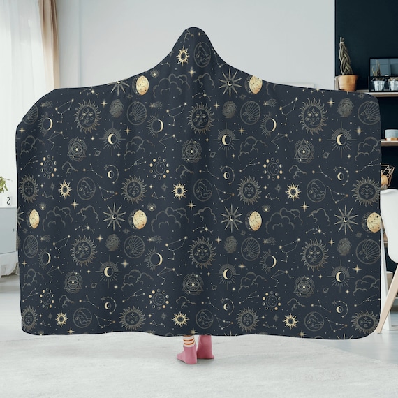 Celestial Moon Phase Witchy Hooded Blanket, Astrology cloak blanket, Boho Camping blanket, Cozy flannel Sherpa hooded blanket Cottagecore