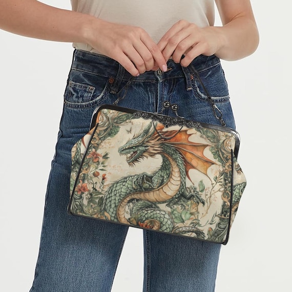 Medieval Dragon Boho Kisslock Bag, Mystical Crossbody bag, Enchanted Dragon Goblincore Handbag, Ren Faire Dragon Aesthetic Purse, Boho Purse