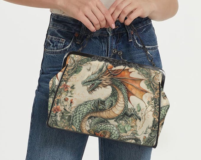 Medieval Dragon Boho Kisslock Bag, Mystical Crossbody bag, Enchanted Dragon Goblincore Handbag, Ren Faire Dragon Aesthetic Purse, Boho Purse