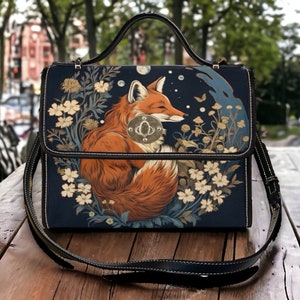 Retro Fox in the Forest Canvas Satchel bag, Cottagecore forestcore crossbody purse, cute vegan leather strap goth bag, hippies boho gift