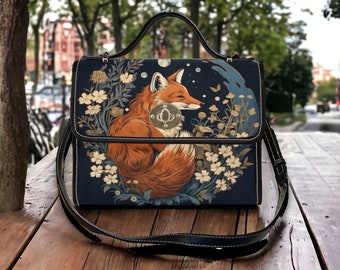 Borsa retrò Fox in the Forest Canvas Satchel, borsa a tracolla Cottagecore forestcore, graziosa borsa goth con cinturino in pelle vegana, regalo boho hippy