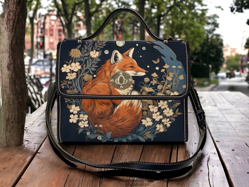 Retro Fox in the Forest Canvas Satchel bag, Cottagecore forestcore crossbody purse, cute vegan leather strap goth bag, hippies boho gift image 1
