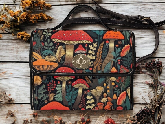 Red Amanita magic mushroom cottagecore satchel bag, Kawaii Witchy Goth bag Vegan PU Leather strap, Boho hippies gift mushroomcore bag