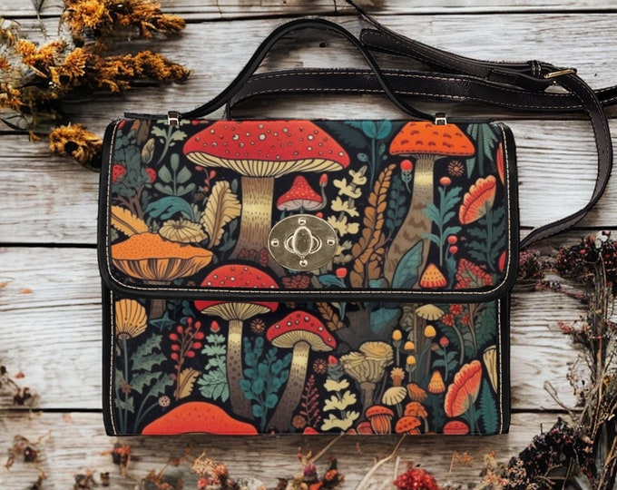 Red Amanita magic mushroom cottagecore satchel bag, Kawaii Witchy Goth bag Vegan PU Leather strap, Boho hippies gift mushroomcore bag