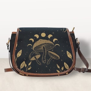 Moon mushroom Cottagecore Boho Goth saddle bag, celestial witchy crossed body cute PU leather hand bag goth bag, dark kawaii goth purse gift
