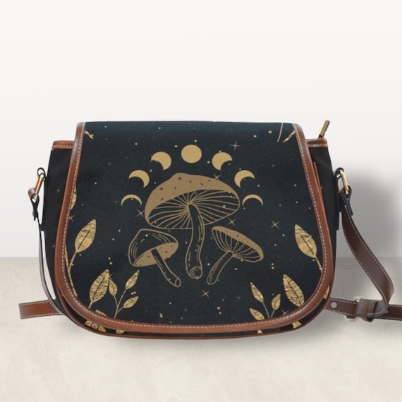 Moon mushroom Cottagecore Boho Goth saddle bag, celestial witchy crossed body cute PU leather hand bag goth bag, dark kawaii goth purse gift