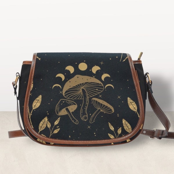 Moon mushroom Cottagecore Boho Goth saddle bag, celestial witchy crossed body cute PU leather hand bag goth bag, dark kawaii goth purse gift