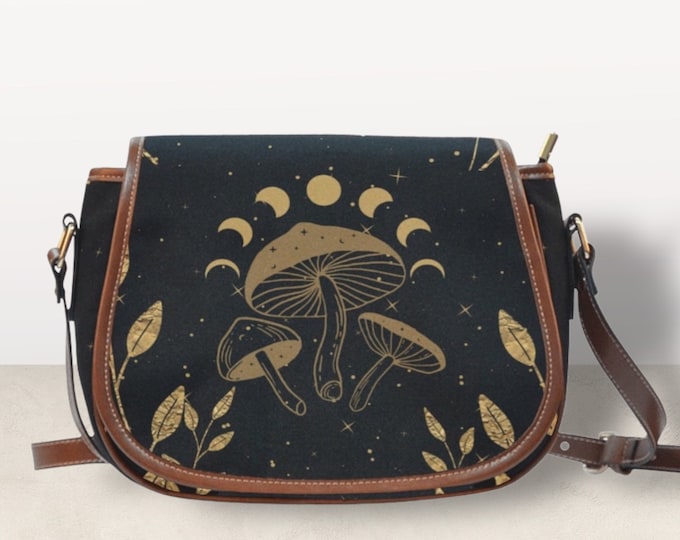 Moon mushroom Cottagecore Boho Goth saddle bag, celestial witchy crossed body cute PU leather hand bag goth bag, dark kawaii goth purse gift
