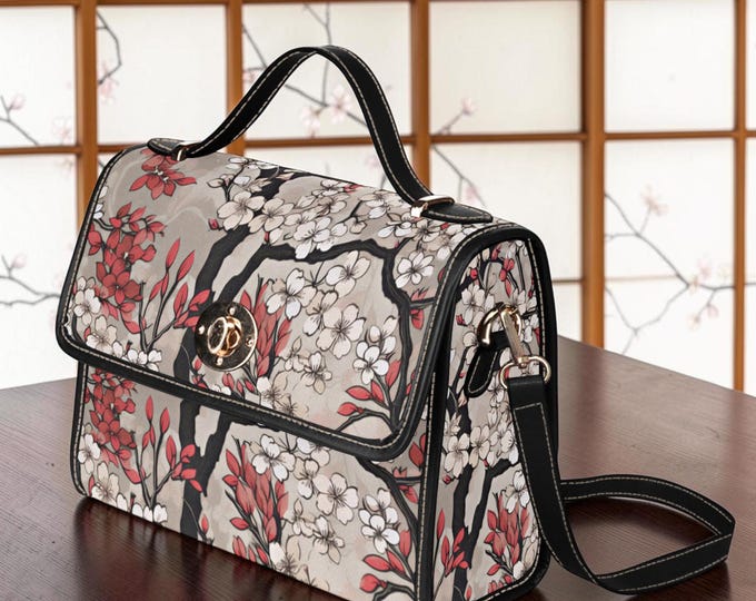 Boho Sakura Canvas Satchel bag, Japanese Cottagecore Cherry Blossom crossbody purse, cute vegan leather strap boho bag, boho hippies gift