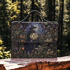 Bolso tipo cartera Cottagecore Green Witch, bolso cruzado con motivos de naturaleza forestal para mujer, bonito bolso de mano con correa de piel vegana, regalo hippie bohemio para Navidad