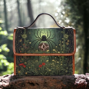 Bolso tipo cartera con diseño de araña y bruja, bolso de mano con diseño de araña y bruja, bolso cruzado Cottage Core, bolso con diseño de araña de Whimsigoth, bolso de mano con diseño de bosque de brujas verde