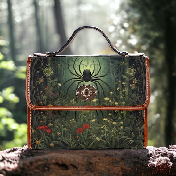 Spider Witchy Satchel Bag, Witchy Spider Hand Bag, Cottage Core Crossed Body Bag, Whimsigoth Spider Purse, green Witch Forest Hand Bag Gift