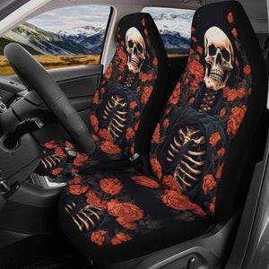 Skeletons Gothic Rose Car Seat Cover Set, Dark Goth Whimsy Front back seat cover, Car interior decor, Cottagecore car accessories halloween