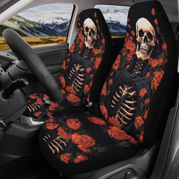 Skeletons Gothic Rose Car Seat Cover Set, Dark Goth Whimsy Front back seat cover, Car interior decor, Cottagecore car accessories halloween