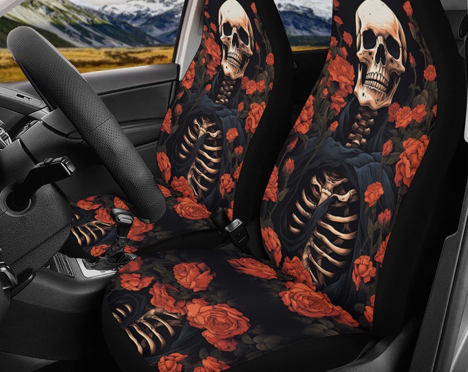 Skeletons Gothic Rose Car Seat Cover Set, Dark Goth Whimsy Front back seat cover, Car interior decor, Cottagecore car accessories halloween