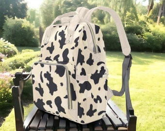 Beige Cow Skin Print Diaper Backpack, Cute Cow Backpack with Multi-Pocket for New Moms, Cow Backpack Gift can Carry Lots of Things