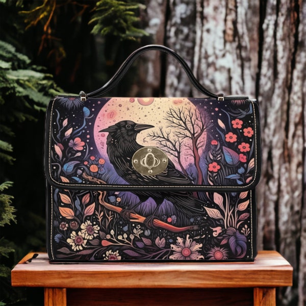 Crow Witchy Bag, Dark Cottagecore Gothic Crossbody Crow Handbag, Witchcraft Crossbody hand bag, Witch Stylish Vegan Leather Strap Bag Gift