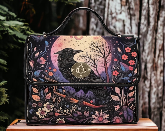 Crow Witchy Bag, Dark Cottagecore Gothic Crossbody Crow Handbag, Witchcraft Crossbody hand bag, Witch Stylish Vegan Leather Strap Bag Gift