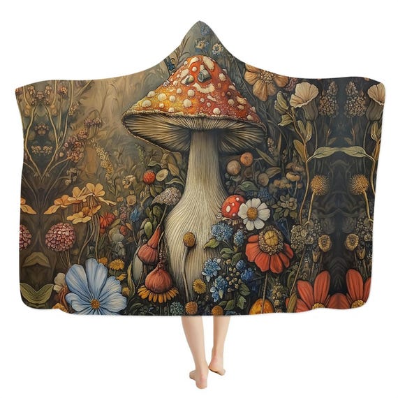 Cottagecore Fungi Forest hooded blanket,  Forestcore Witchy cozy blanket throw, Fairycore Boho hooded witchy Cape Blanket, Goblincore Gift