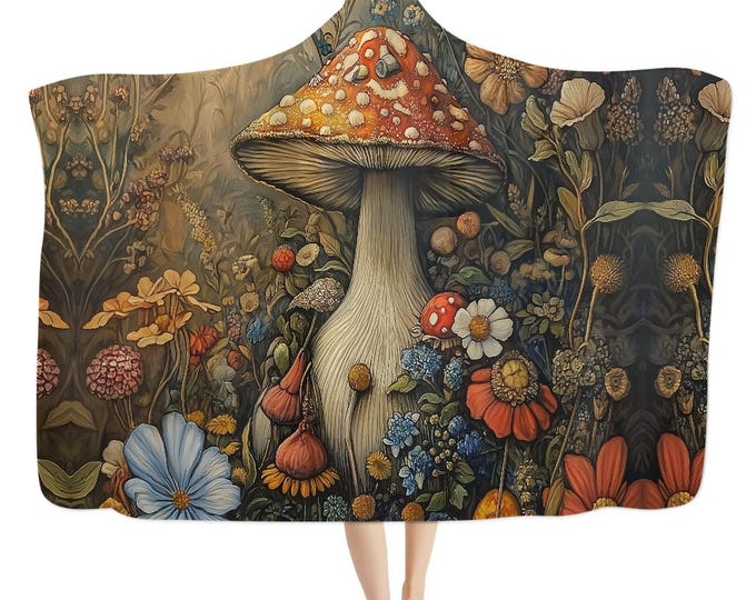 Cottagecore Fungi Forest hooded blanket,  Forestcore Witchy cozy blanket throw, Fairycore Boho hooded witchy Cape Blanket, Goblincore Gift