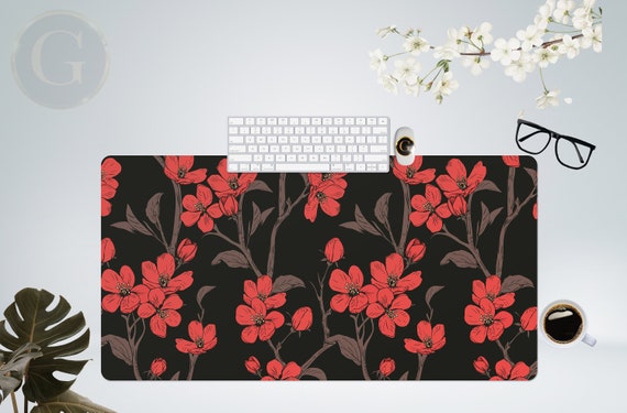 Red Cherry Blossom Black desk mat, Kawaii Japanese Anime Aesthetics mouse pad, Cute pastel Sakura XXL Gaming mousepad, Keyboard Wrist Rest