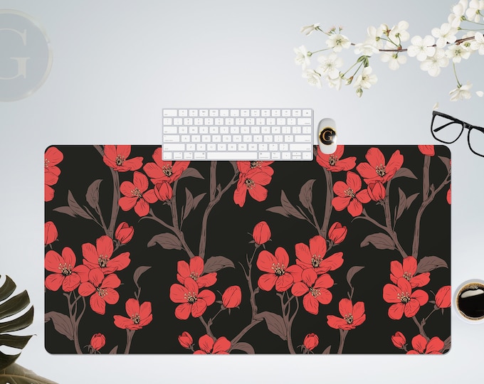 Red Cherry Blossom Black desk mat, Kawaii Japanese Anime Aesthetics mouse pad, Cute pastel Sakura XXL Gaming mousepad, Keyboard Wrist Rest