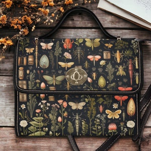 Sac cartable en toile florale Cottagecore, sac à main bohème rose oiseaux nature avec bandoulière en cuir végétalien, sac cottagecore, cadeau boho hippies