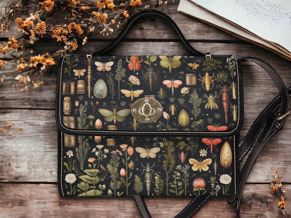 Cottagecore Floral Canvas Satchel Bag, Boho Pink Birds Nature Crossed body vegan leather strap hand bag, cottagecore bag, hippies boho gift