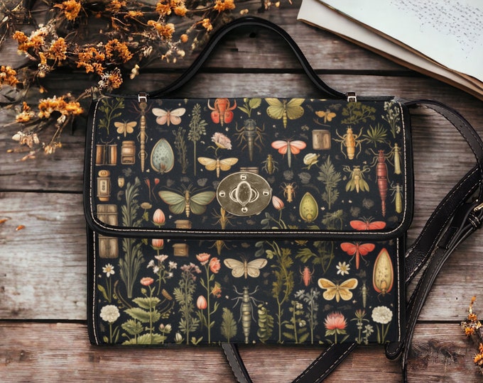 Cottagecore Floral Canvas Satchel Bag, Boho Pink Birds Nature Crossed body vegan leather strap hand bag, cottagecore bag, hippies boho gift