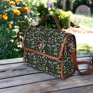 Sac cartable en toile Cottagecore fougère marguerite, sac à main bandoulière fougère forestière pour femmes mignonnes, sac hippie mignon avec sangle en cuir végétalien, cadeau bohème hippies