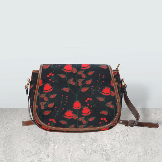 Boho Red flowers witch Black Vegan leather saddle bag, witchy women crossed body purse, PU leather hand bag goth bag, hippies boho gift