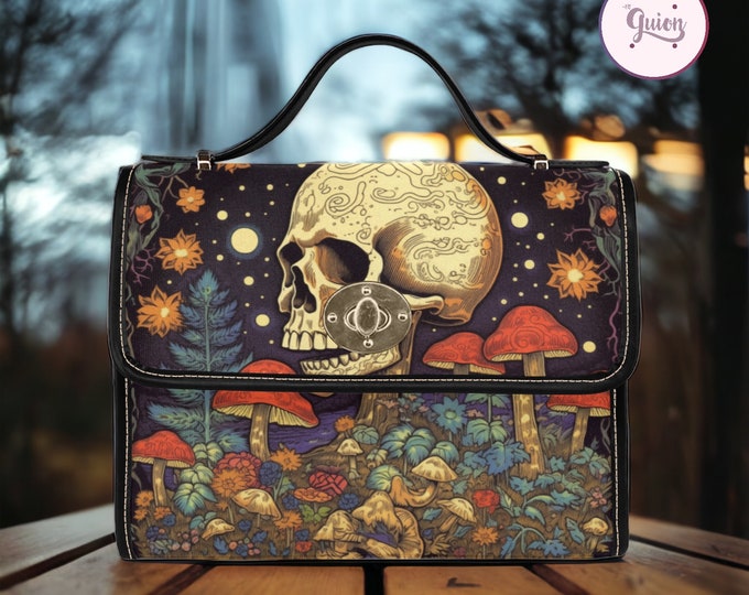 Dark academia witch Canvas Satchel bag, Cottagecore Floral Skull crossed body purse, vegan leather strap handbag goth bag, hippies boho gift
