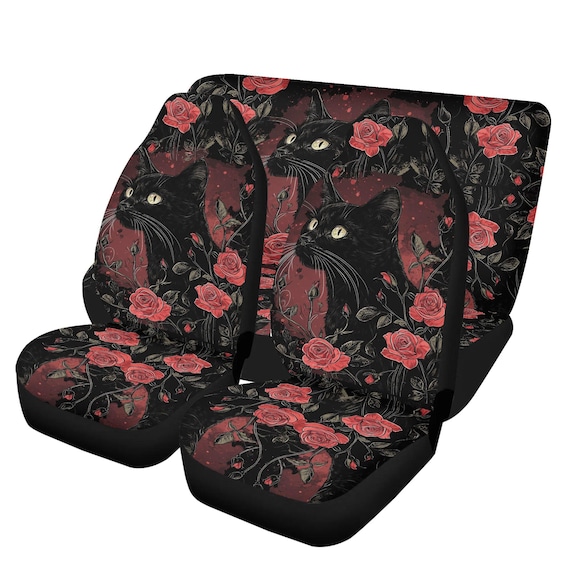 Black Cat and Red Roses Car Seat Cover For Women, Cottagecore Witchy Dark Mystic Front Bucket Seat Cover For Car Vehicle, Rose seat cover