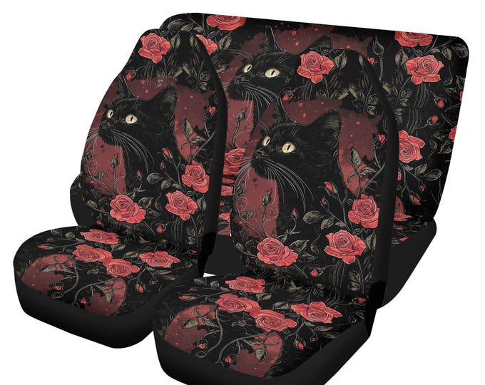Black Cat and Red Roses Car Seat Cover For Women, Cottagecore Witchy Dark Mystic Front Bucket Seat Cover For Car Vehicle, Rose seat cover