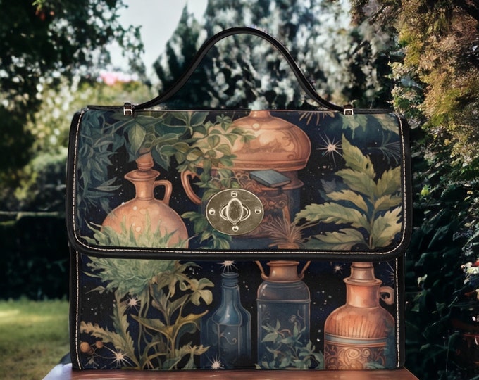 Witchy Magic Potions Boho Canvas Satchel bag, Cottagecore ferns cute witch crossbody purse, vegan leather strap goth bag, hippies boho gift