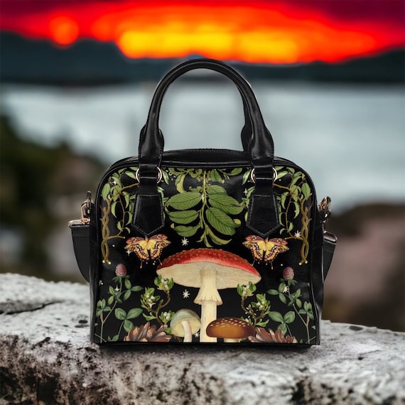 Boho Mushroom Boranical Cottagecore magic boho bowler handbag, green floral aesthetic bag, Cute PU Vegan leather shoulder strap purse bag