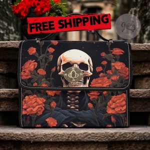 Sac cartable squelette gothique, sac à main croisé squelette roses rouges foncées, sac à main mignon avec sangle en cuir végétalien, cadeau bohème hippies