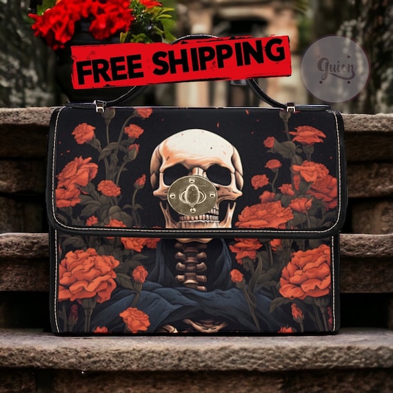 Goth Skeleton Satchel Bag, Dark Academia Red Roses Skeleton Crossed Body Purse, cute vegan leather strap hand bag, hippies boho gift