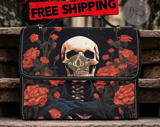 Goth Skeleton Satchel Bag, Dark Academia Red Roses Skeleton Crossed Body Purse, cute vegan leather strap hand bag, hippies boho gift