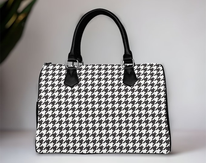 Boho Houndstooth Top Handle Vegan leather handbag, balck and white women vegan leather purse, pu leather canvas bag, hippies boho gift