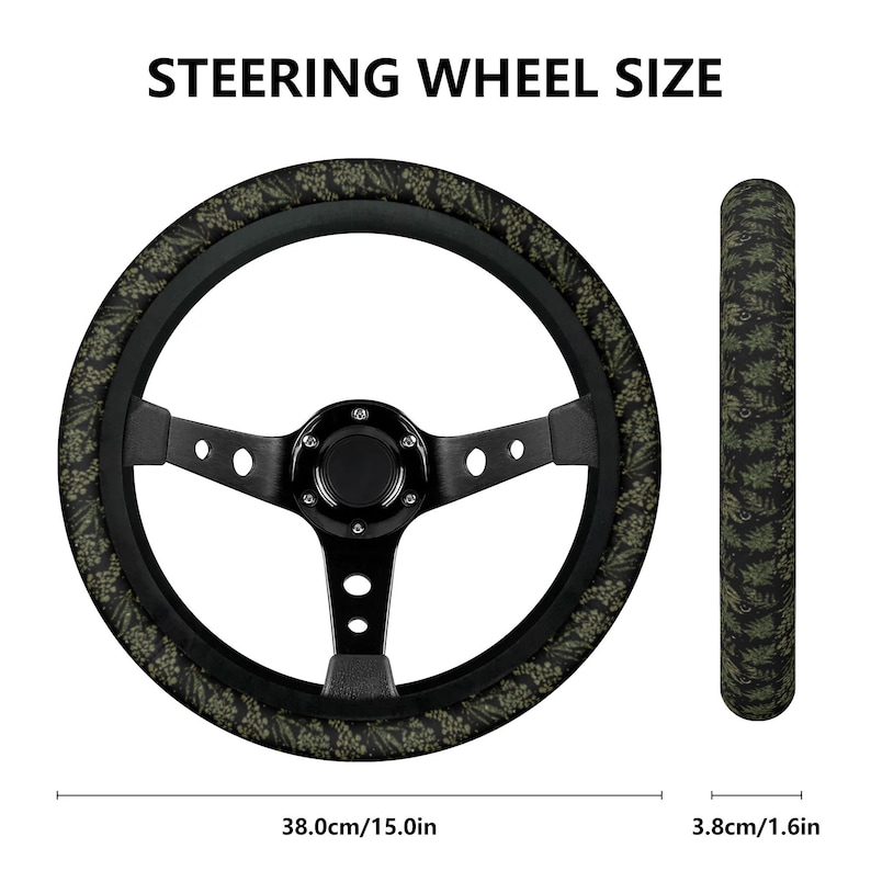 May include: Black steering wheel with a green and black camouflage pattern. The steering wheel is 15.0 inches in diameter and the width of the wheel is 1.6 inches.